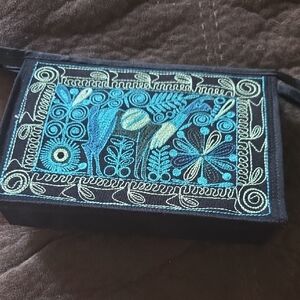Floral Embroidered Black Wristlet